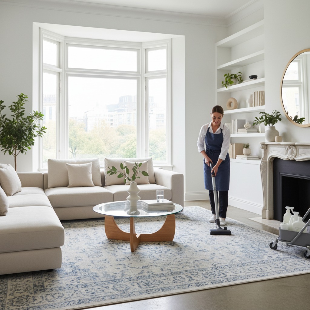 A woman in a blue apron vacuums a patterned rug in a bright, modern living room.